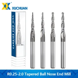 Tungsten Carbide End Mill com Ball Nose, 2 Flauta, 3.175mm Shank, cortador cônico, CNC Router Bit para madeira, Metal Milling Tool, R0.25-2.0