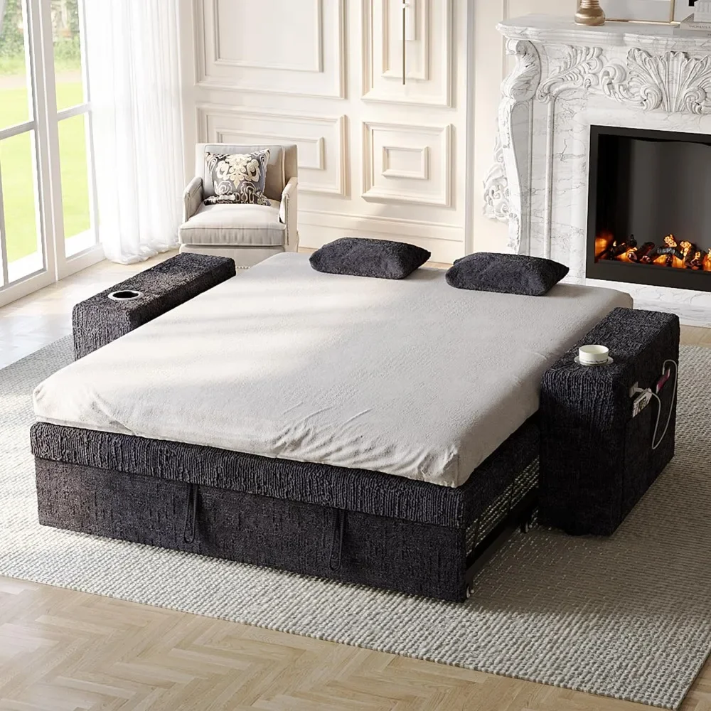 

63 Inch Sleeper Sofa Bed, 4 in 1 Pull Out Couch Bed with Adjustable Backrest, Small Loveseat with Wide Armrest, USB Charging