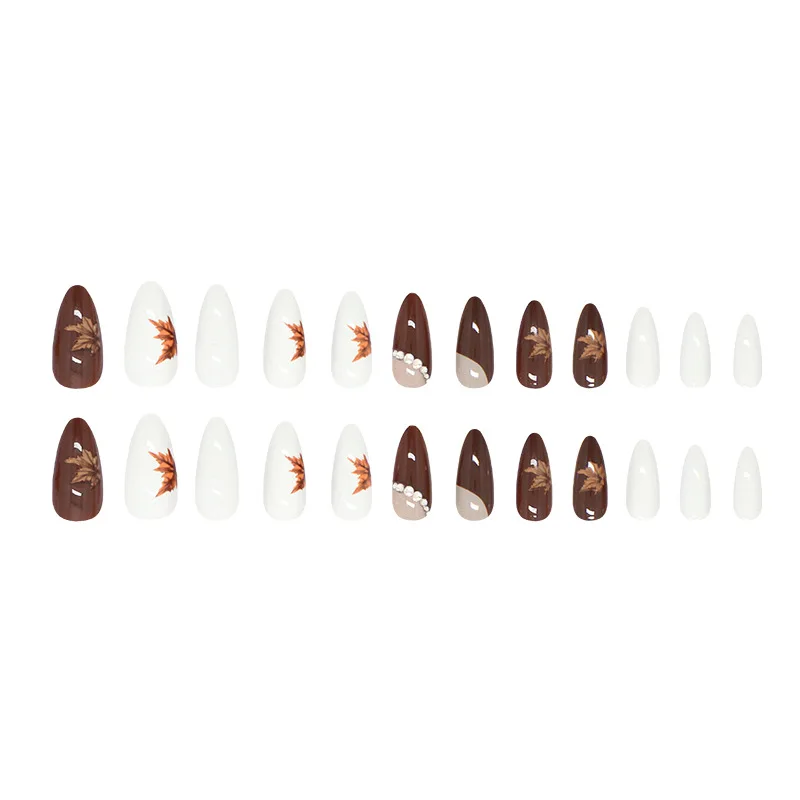 سقوط اضغط على الأظافر متوسطة اللوز الأظافر وهمية مع أحجار الراين تصميم الخريف مابل ليف أظافر صناعية الأبيض البني نصائح غطاء كامل