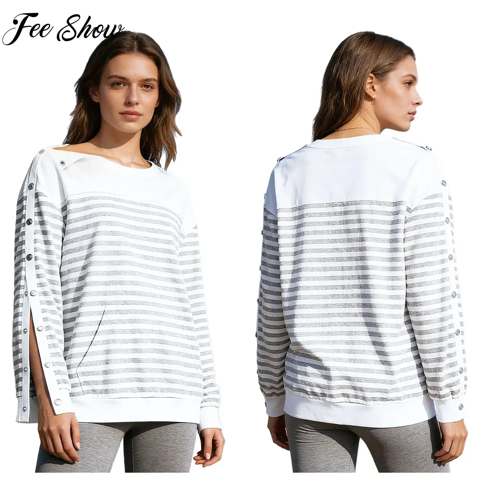 

Yoga Top Women Adaptive Recovery Clothing Tear-Away Press Buttons Long Sleeves Striped Sweatshirt with Pocket for Casual Fitness