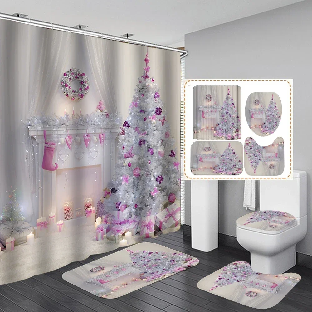 

Christmas Fireplace Shower Curtain Set,Merry Christmas Christmas Eve Stocking Bathroom Shower Curtain Set with Anti-slip Mat,Rug