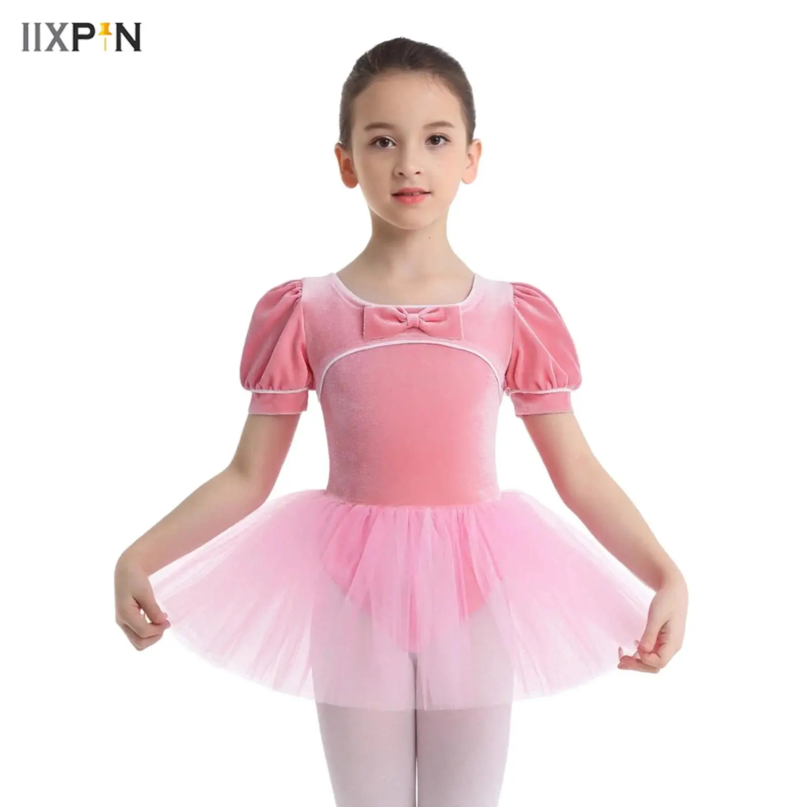 

Kids Girls Ballet Tutu Dress Bow Short Puff Sleeves Velvet Tulle Dresses with Built-in Briefs for Ballerina Stage Performance