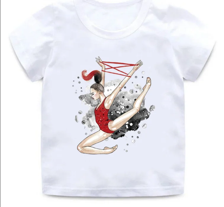 Wholesale Children Gymnastics Dancer Print New  T-Shirt Dance Girls Clothes Baby Tshirt Summer Casual Short Sleeve Children Tops