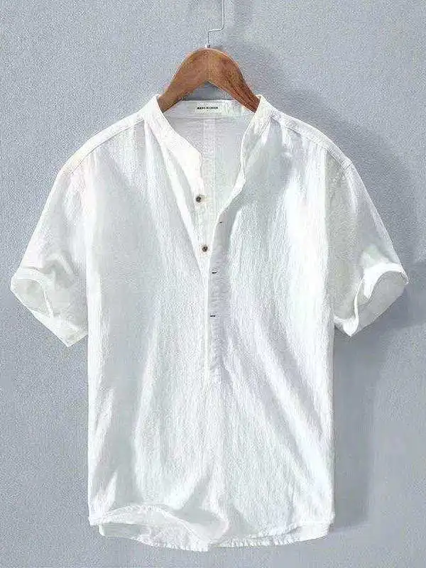 

Loose Fit Cotton Linen Short Sleeve T-Shirt Large Size Retro Chinese Style Stand Collar Top Women's Fashion Spring Season