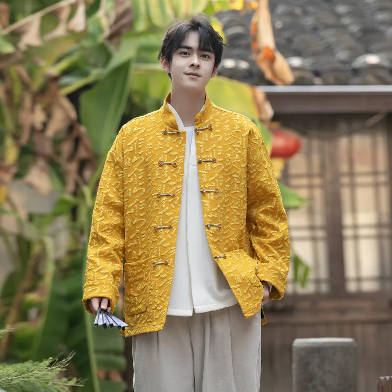 

Новый китайский Sle мужской джет Ханфу желтый манин воротник Тан костюм ретро каллифия китайский иероглиф пуговица-стойка воротник