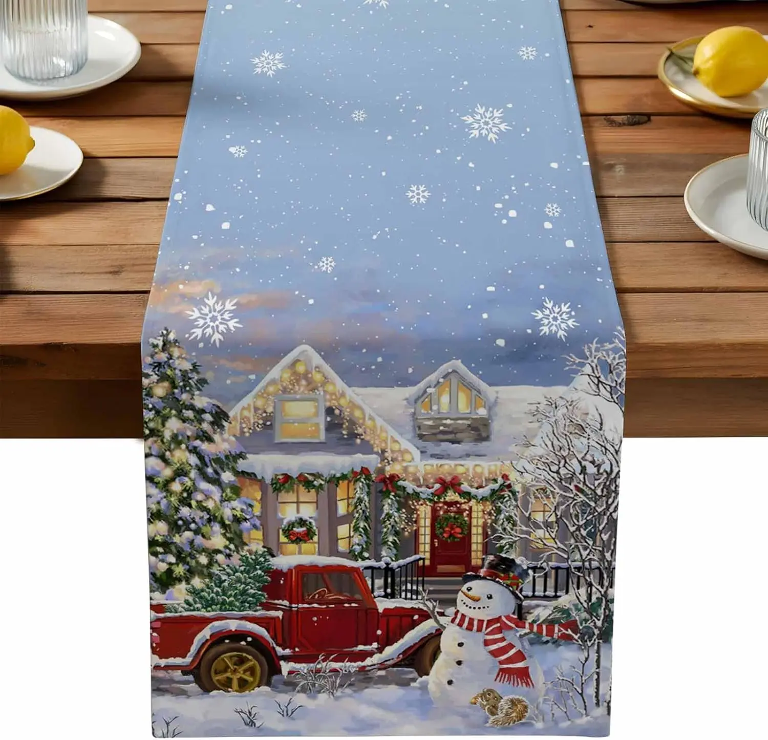 Christmas Snowman Red Truck Tree Linen Table Runner Party Decor Reusable Kitchen Dining Table Runner Christmas Decorations