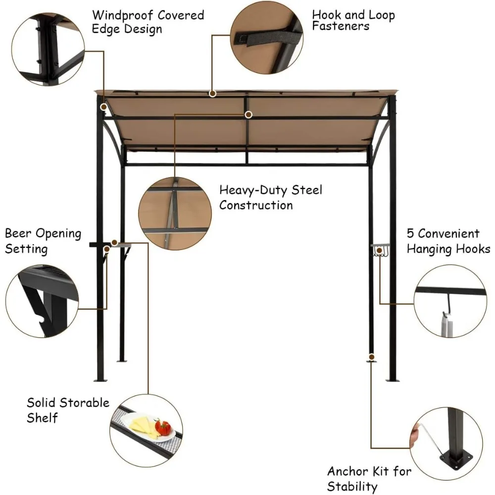 

7x4.4ft Grill Gazebo, Outdoor BBQ Gazebo with Storage Shelf, Hanging Hooks, Beer Opening Setting, Heavy-Duty, Customized