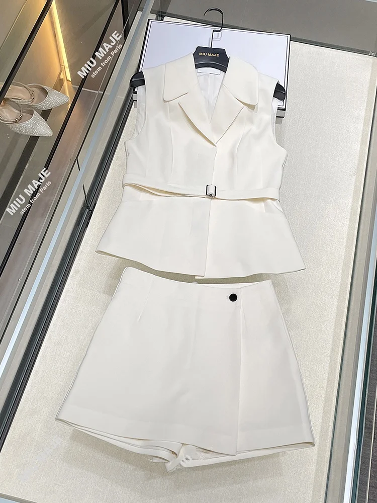 

High-End Women's Suit Jaet Vest Top + ort Pants Set Ele Ladylike Sle Polyester Fiber Two-Piece Ensemble