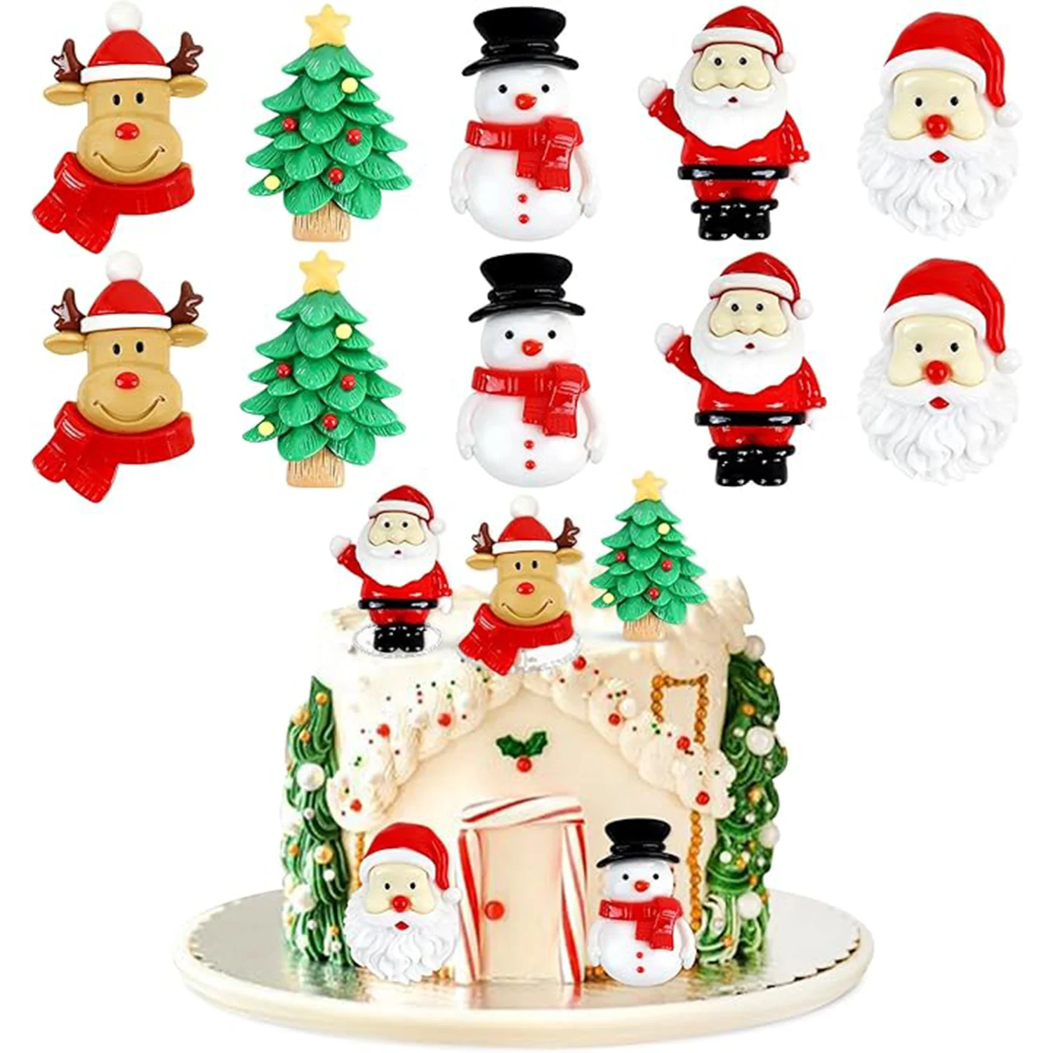 10 Stück 2D-Weihnachtskuchen-Topper aus Kunstharz, Frohe Weihnachten, Weihnachtsmann, Baum, Hirsch, Cupcake-Picks für Weihnachten, Party, Dekoration