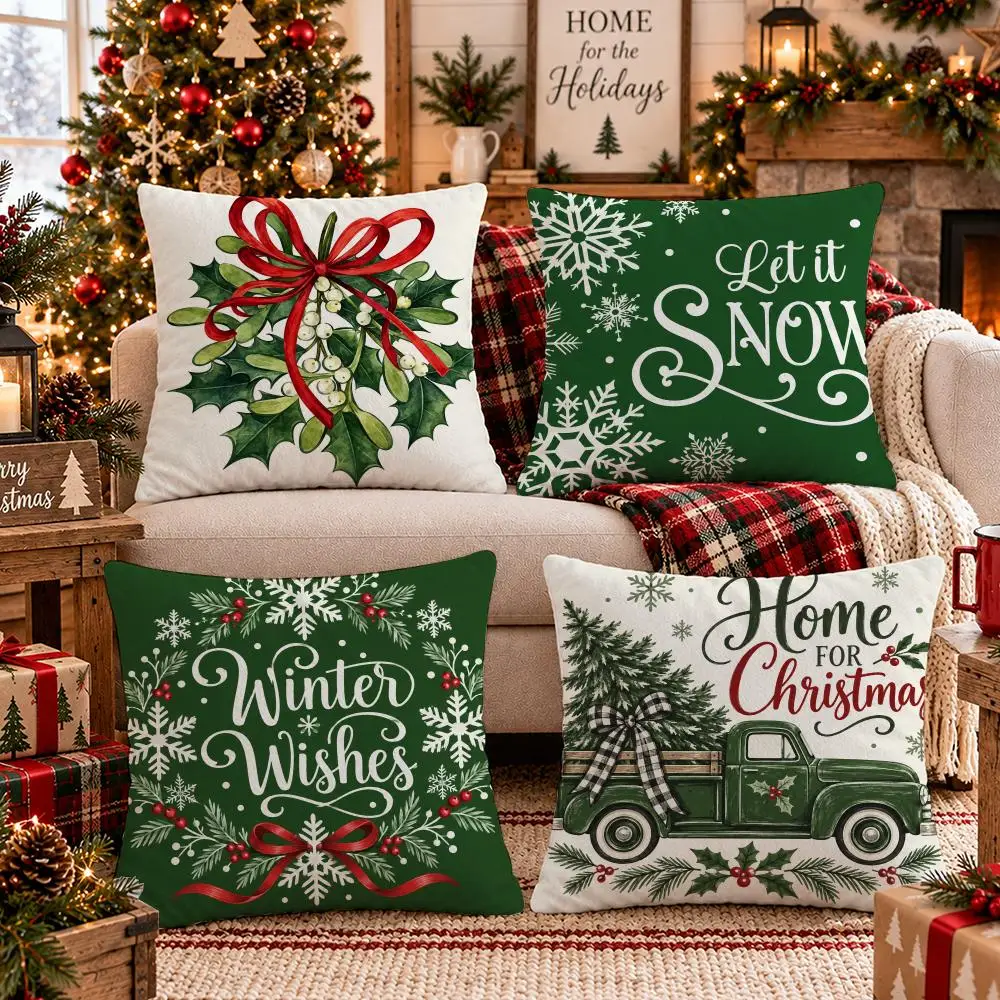 4PC Rustic Holly Winter Christmas Cushion Cover Plush Pillow Case Home Decor Sofa Double-Sided Print Living Room Festival Gift