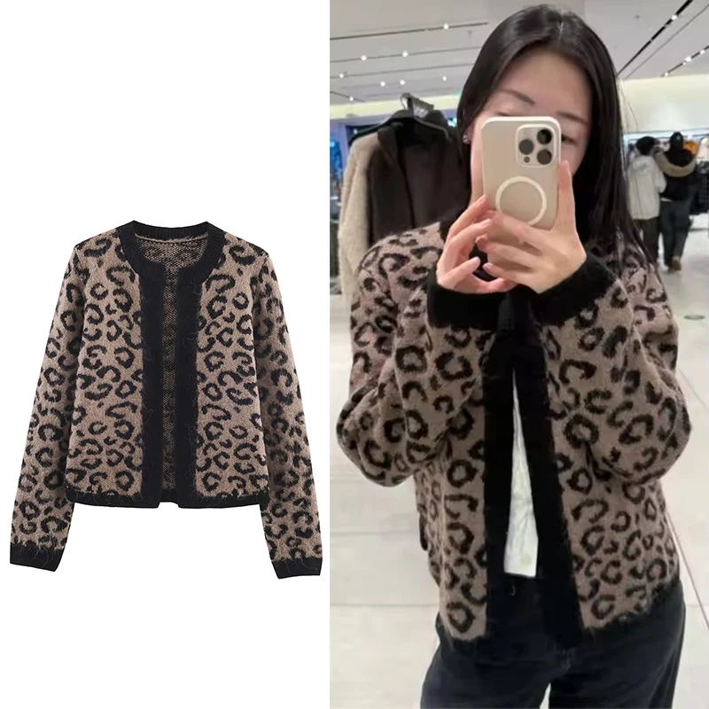 

Women Fashion Knitted Cardigans Long Sleeve Vintage Leopard Jacquard Sweater Short Cardigan Autumn Winter New Knitwear Coat