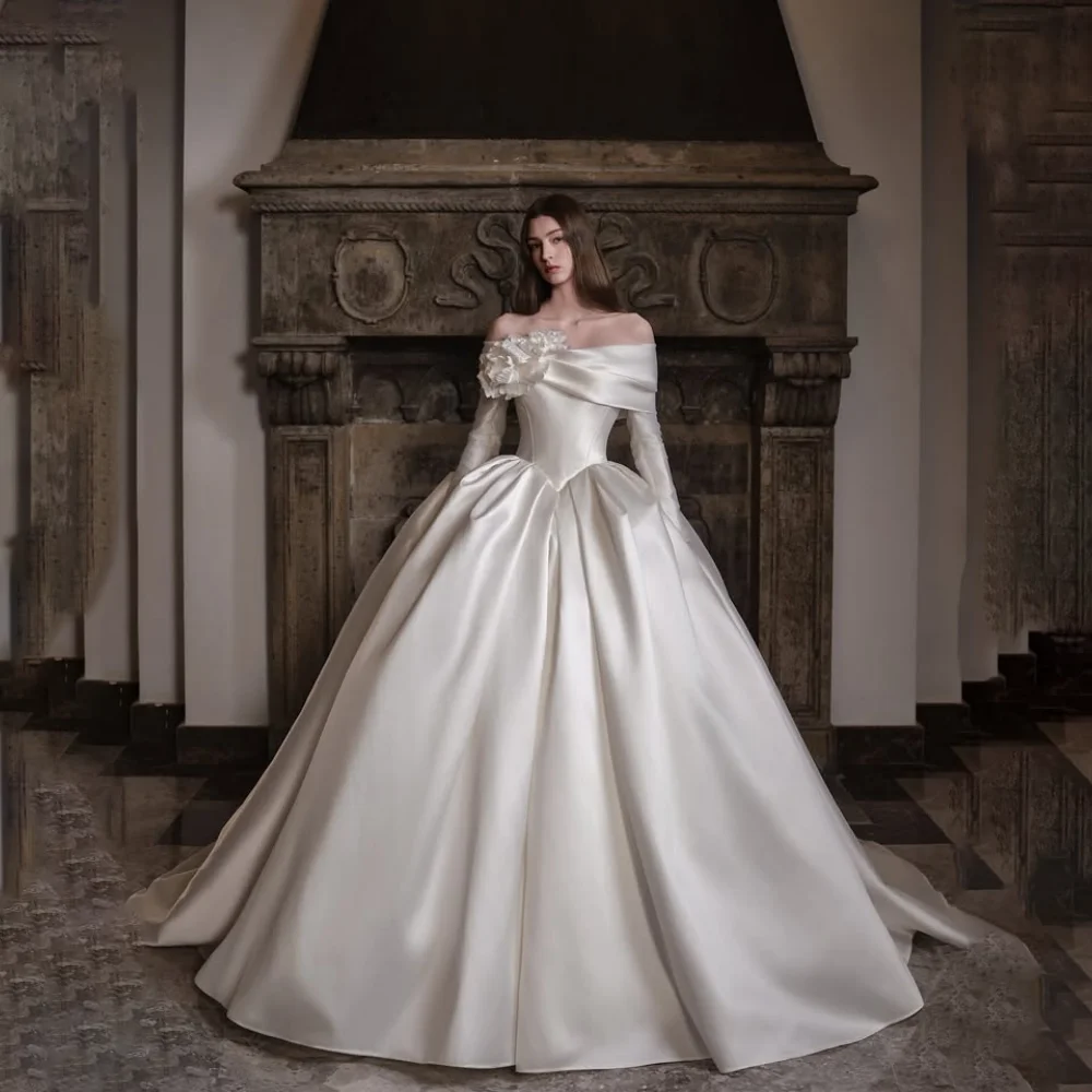 Customized Satin Boat Neck Handmade Flowers A-Line Weeding Dresses Full Sleeves Sweep Length Formal Backless Bridal Gown