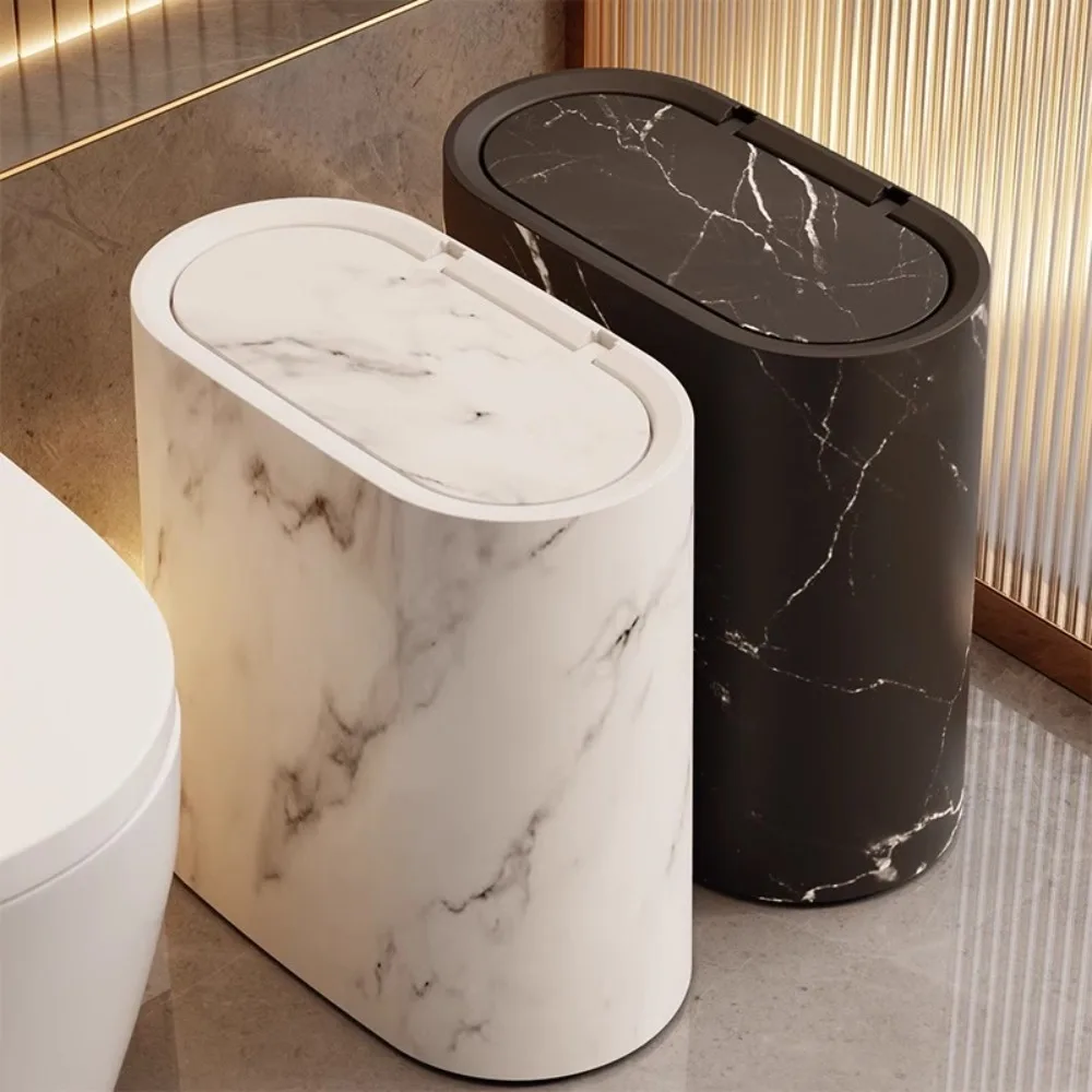 

Modern with Lids Bathroom Trashcans Narrow Press Type Garbage Bin Marble Texture Toilet Trash Bin for Home Indoor Hotel