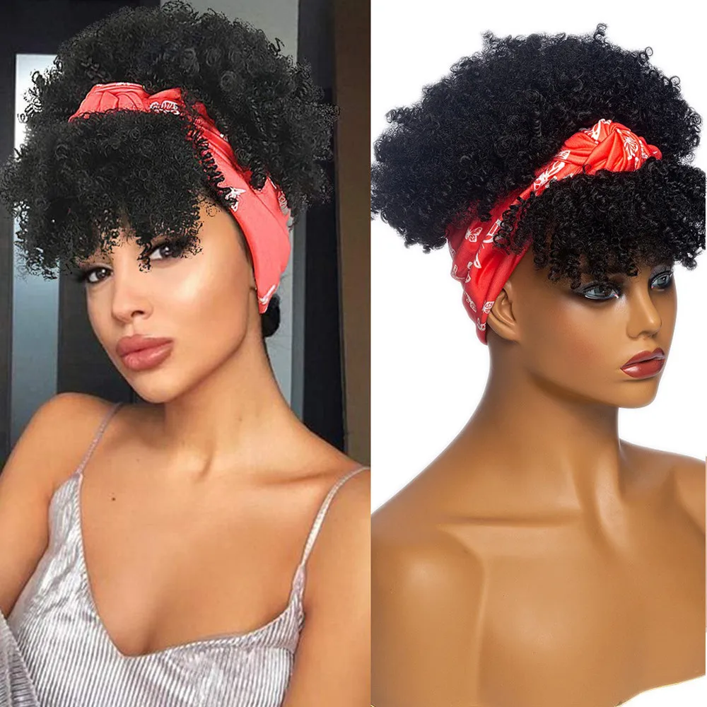 

Natural Black Short Afro Kinky Curly Synthetic Wig with Headbands Heat Resistant Turban Wrap Wig for Women Daily Use And Cosplay