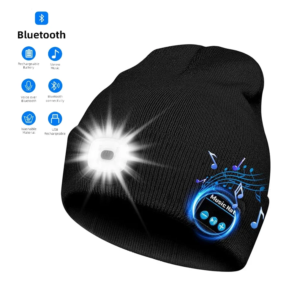

Теплая шапка Handfree Bluetooth 5,0, светодиодная шапка, беспроводная стереогарнитура, музыкальный плеер с микрофоном, поддержка затемнения, перезаряжаемая батарея