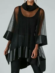 Fashion Cowl Neck See-through Patchwork 3/4 Sleeve Irregular Hem Tee Tops Harajuku Vintage Streetwear Casual Elegant Shirts 2025