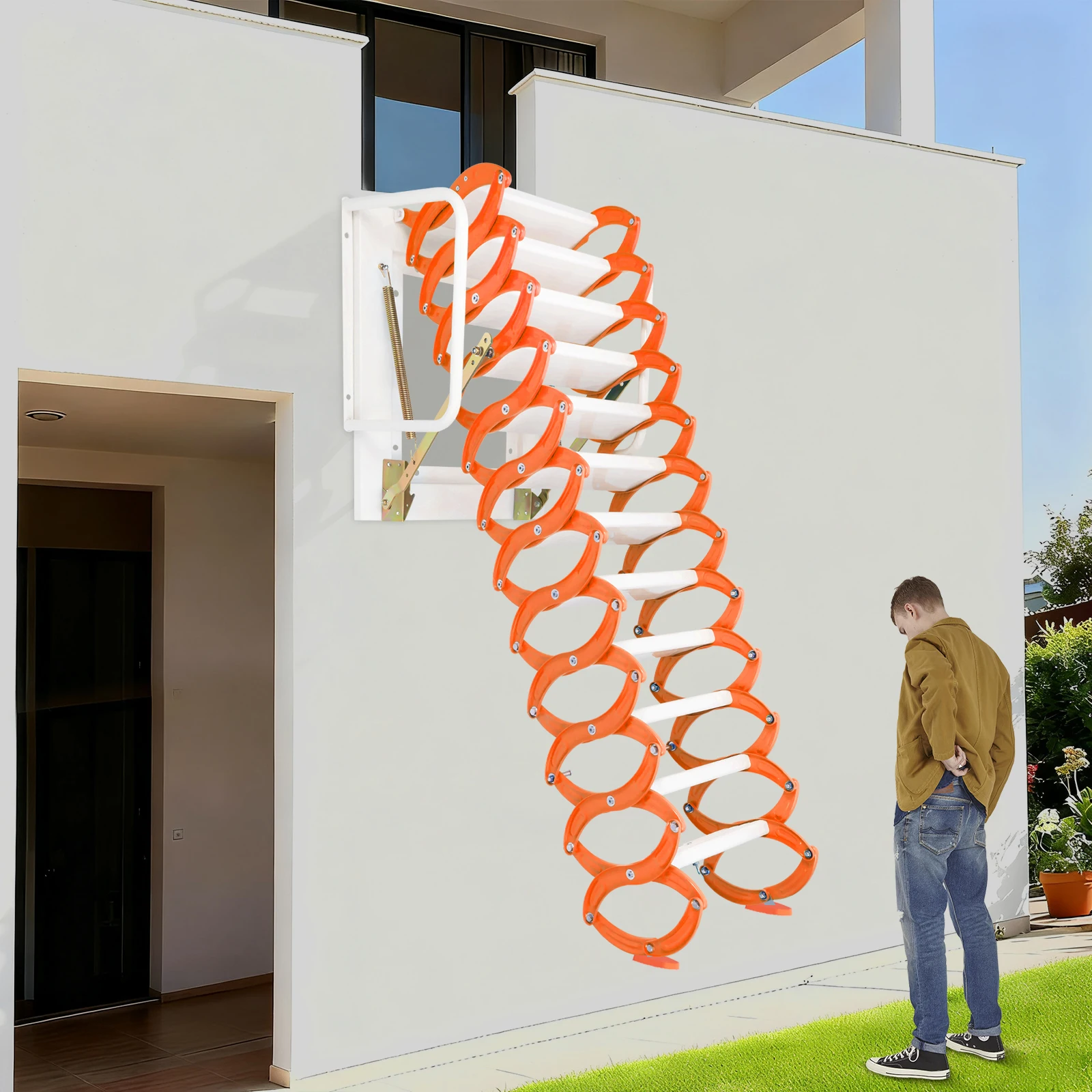 Wall-Mounted Step Ladder, Attic Stair, Foldable 12 Step Aluminum Magnesium Alloy 2.9m Extendable Anti-Corrosion Heavy Duty Home Safety Design