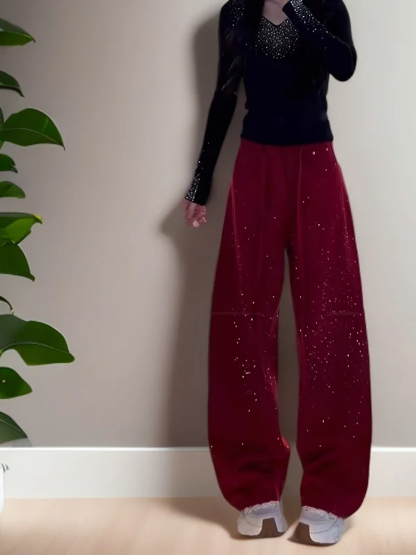 

Spring High Waist Glitter Wide Leg Pants Red Knife Pants Casual Sle Multi ket iny Fabric Adult Loose Fit No Stretch
