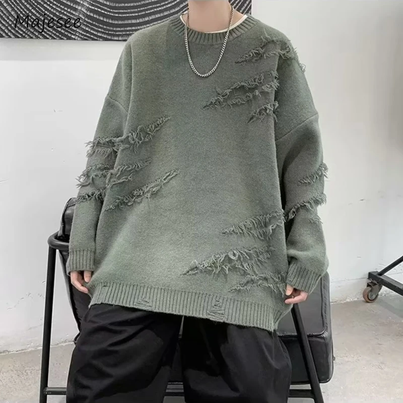 

Frayed Sweaters Men High Street Broken Handsome American Style Solid Raw Edge Popular Spring Autumn Male Slouchy Pullovers Soft