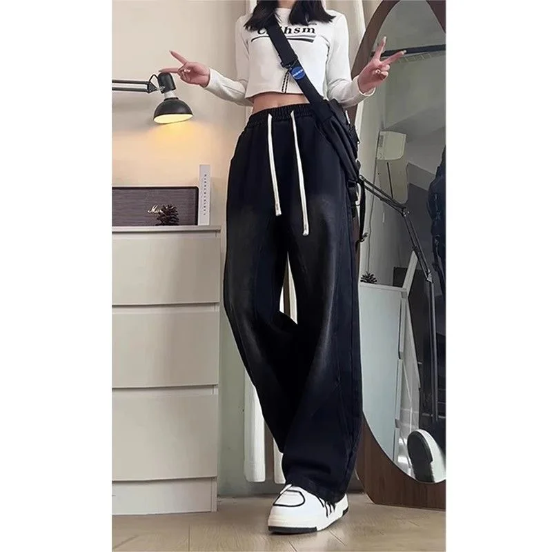 بنطال ذو قصة أرجل واسعة غير منتظم للنساء للخريف بطبقات مزدوجة على شكل حرف a للكلية مرقعة محبوكة منقوشة مبطنة من قماش الجاكار للسيدات