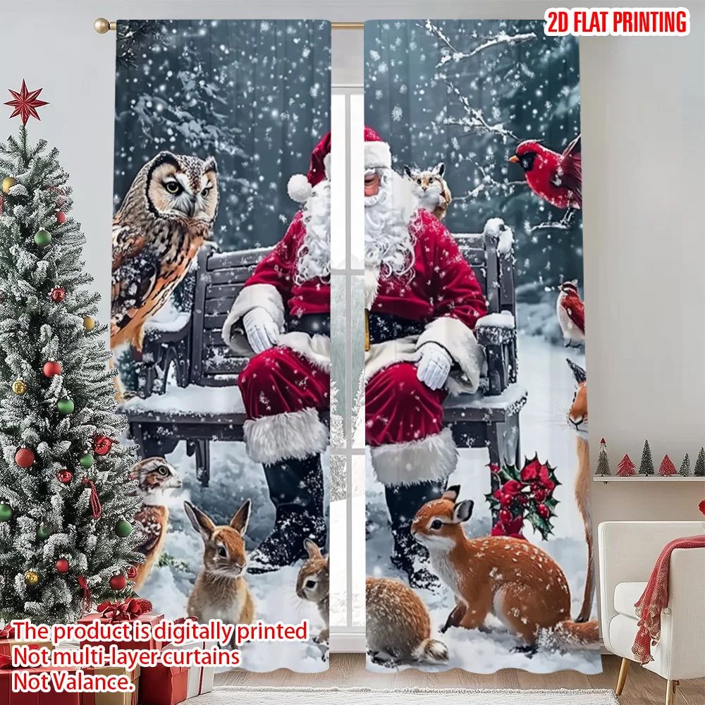 

2pcs 2D flat printing Merry Christmas Popular Curtains Creative Santa's Animal Friends Versatile Fabric Without Electricity