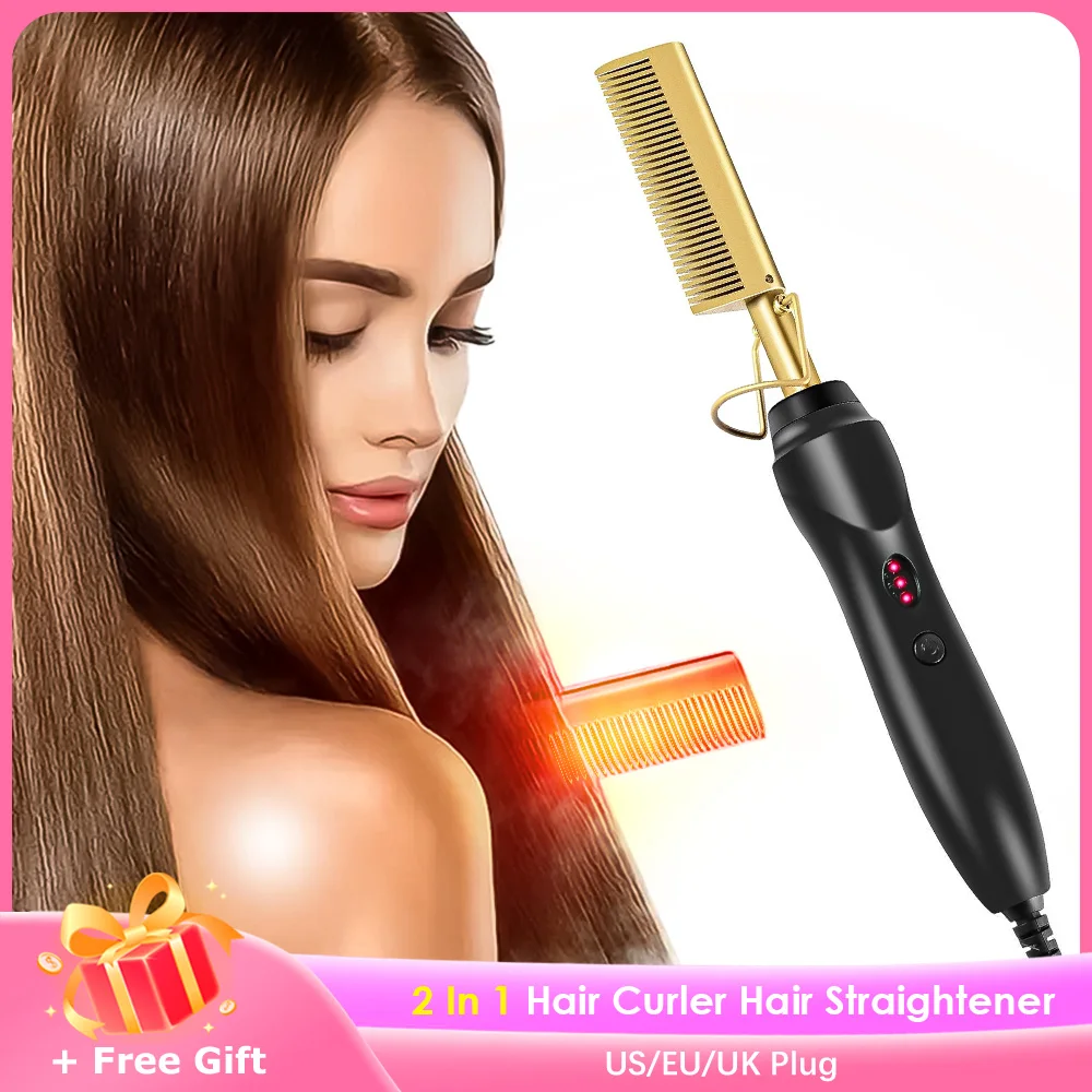 

2 in 1 Hot Comb Hair Straightener Flat Irons Straightening Brush Heating Comb Hair Straight Styler Hair Curler peigne chauffant