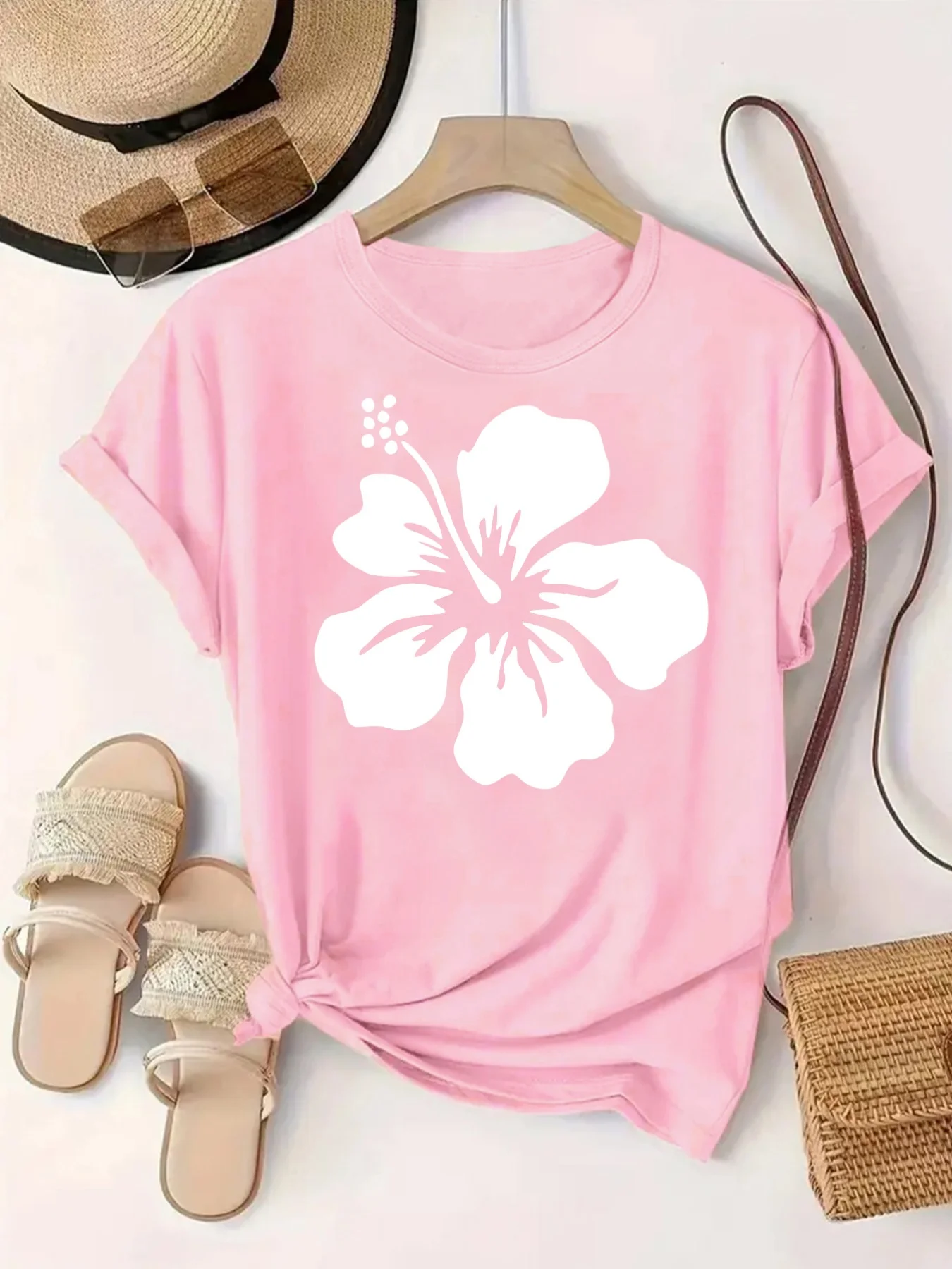 Tropical-style White Floral Print Fresh and Natural Women's Comfortable Casual Daily Round-neck Fashion with  Pattern Print