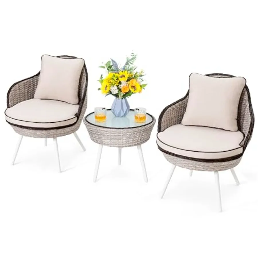 

3-Piece Patio Bistro Set, Outdoor Rattan Sofa with Cushions and Coffee Table for 2 Person, All-Weather White Furniture for Balc