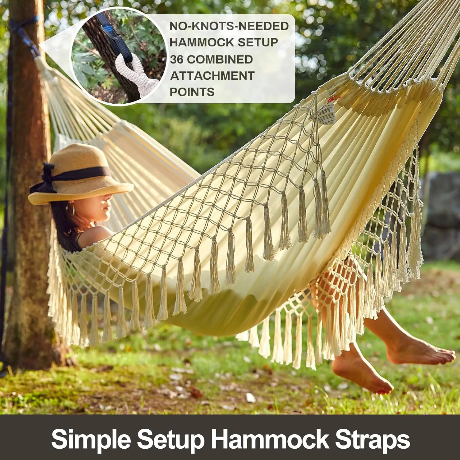 Extra Large Double Hammock with Tree Straps, 94x63IN for Two, 450lbs Capacity, Soft Cotton Fabric - Natural White