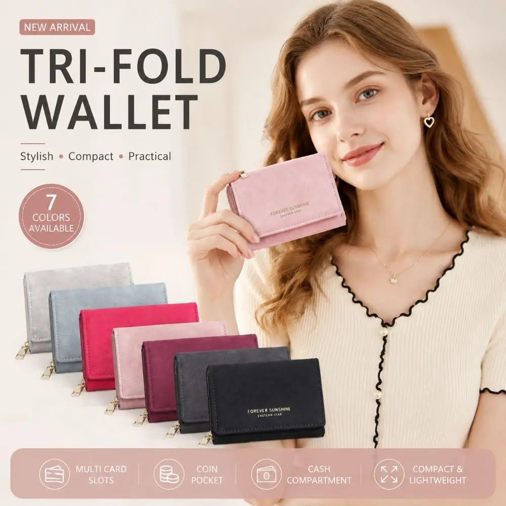 PU Leather Tri-fold Wallet for Women Zipper Closure Solid Color Coin Purse Large Capacity Velvet Credit ID Card Holder Daily
