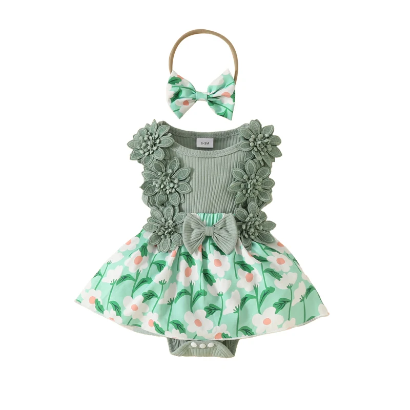 

Summer Baby Girl Floral Print Bodysuit Dress Infants Sleeveless Flower Appliques Skirt Hem Tank Dress with Bow Headband