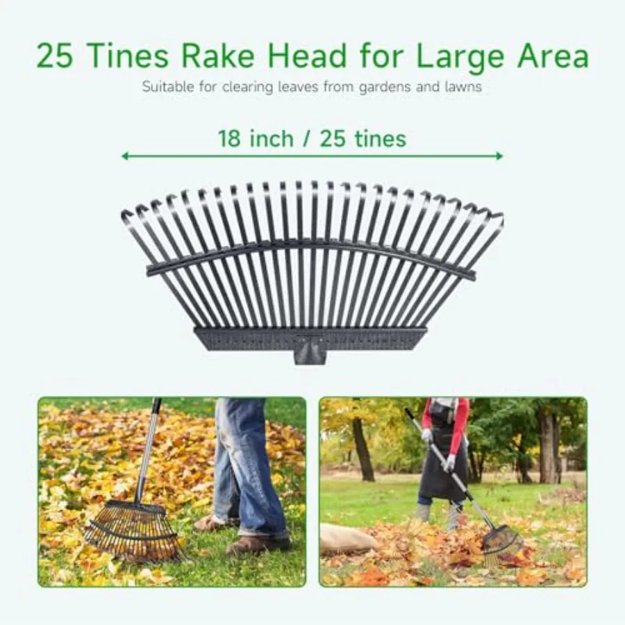Rake for Leaves Heavy Duty 72 Inch Long Expandable Leaf Rake, 18 Inch Wide Garden Rakes with 25 Reinforced Tines and Stainl Ste