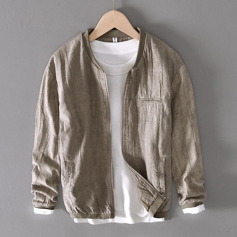 Vintage Linen Jacket Men Spring Autumn New Khaki Pleated Stand Collar Multi-pocket Zipper Loose Jacket Casual Coat Plus Size