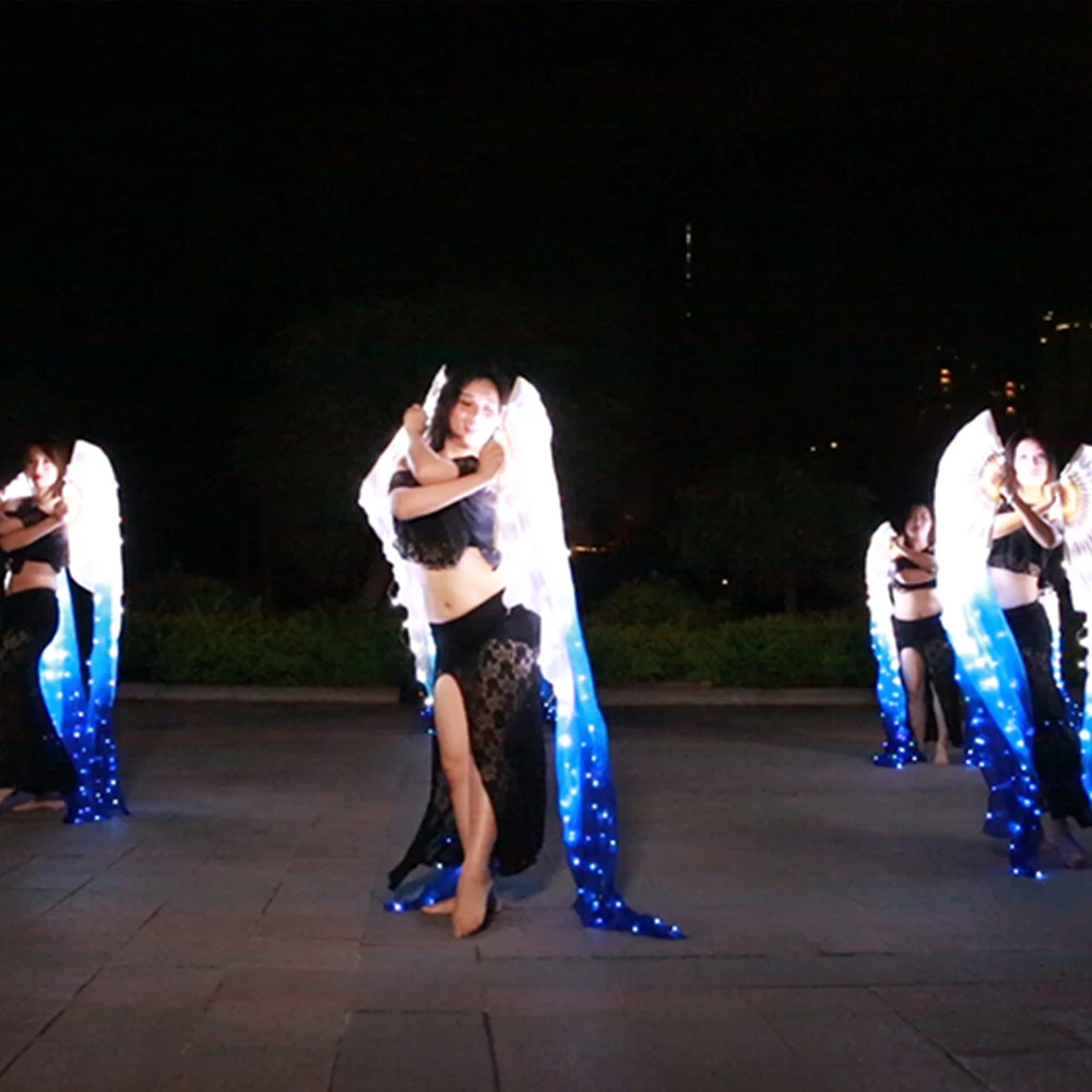 Accessori per la danza del ventre ventaglio di velo di seta con luci a LED blu e bianche lunghe 180cm pratica e costumi da ballo per spettacoli teatrali