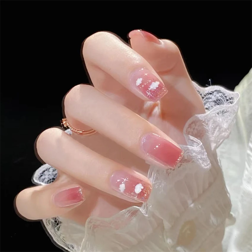 

24Pcs/Set White Edge French Sweet Press on Nail Art Pink Blush Clouds Fresh Wearing False Nails Paste Removable Fake Nail Tips