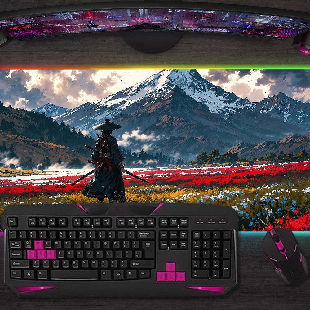 

Japan Silhouette Mask Samurai Fantas Mouse Pad Gaming MousePad LED Table Pads Micro USB Backlit Rubber RGB Desk Mats Desktop XXL
