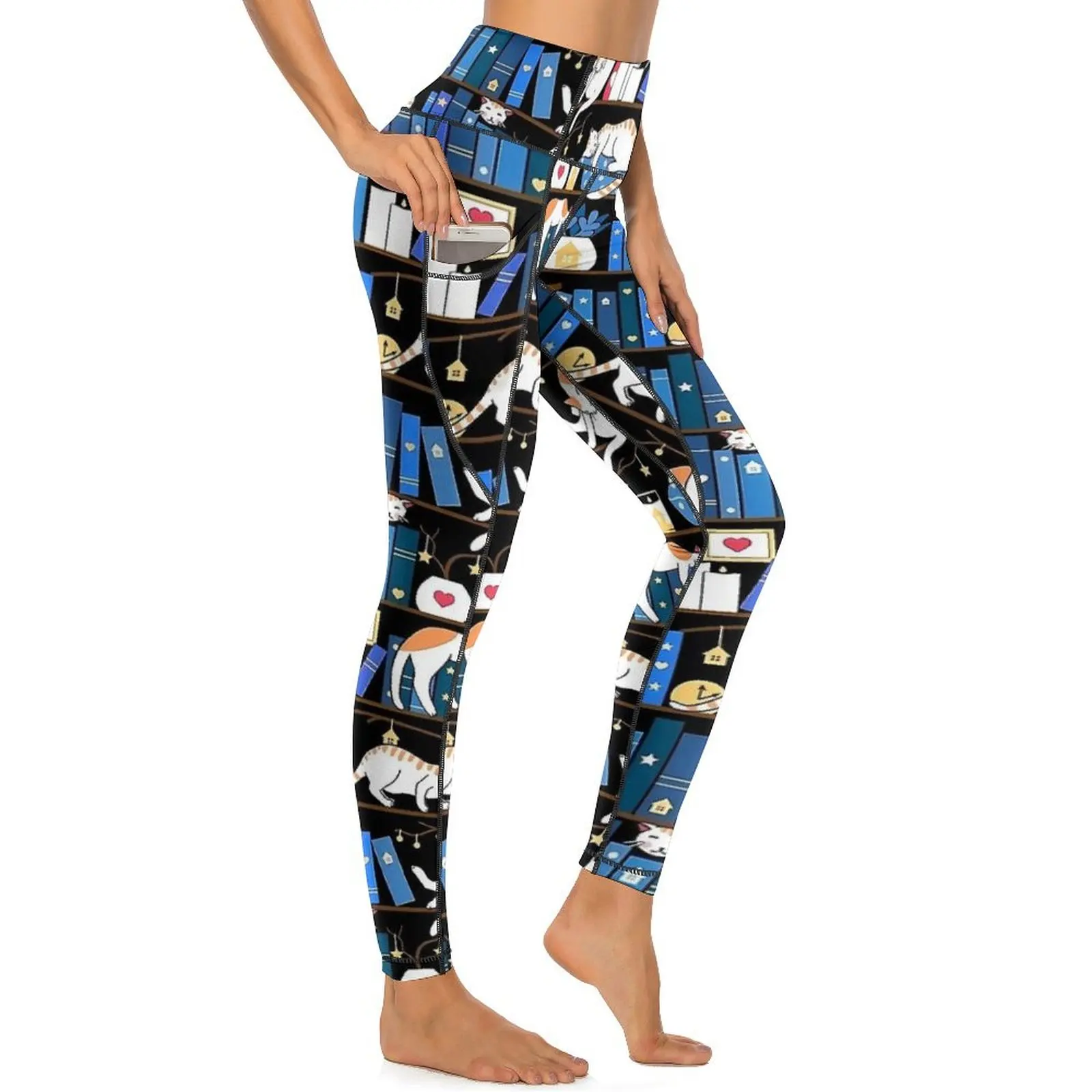 Blauwe bibliotheek kat legging sexy fitness gym yoga broek push-up sneldrogende sport legging zakken grappig ontwerp leggings