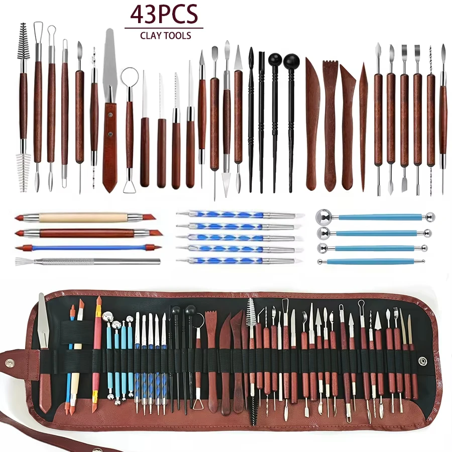 Kit de herramientas para arcilla de cerámica, herramientas para esculpir arcilla polimérica, juego de herramientas para arcilla de aire para manualidades de cerámica, tallar, modelar y dar forma, 43/25 Uds.