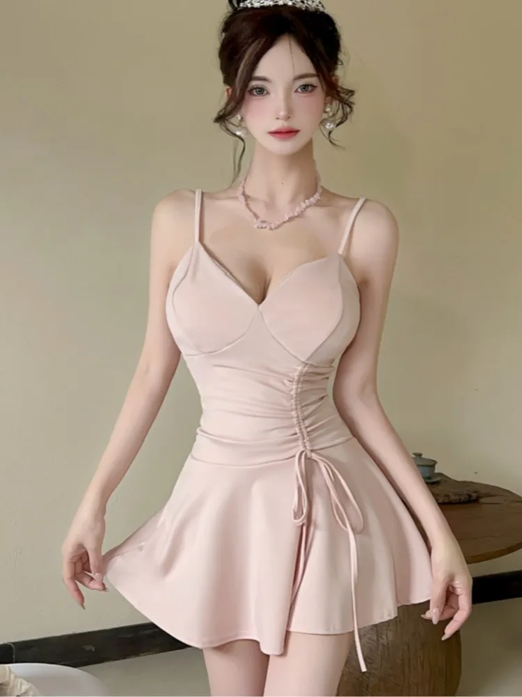 Sexy Low Cut Shoulder V Neck Pure Desire Small Size Drawstring Strap Waist Slimming Maxi Dress Spring Summer Autumn Winter