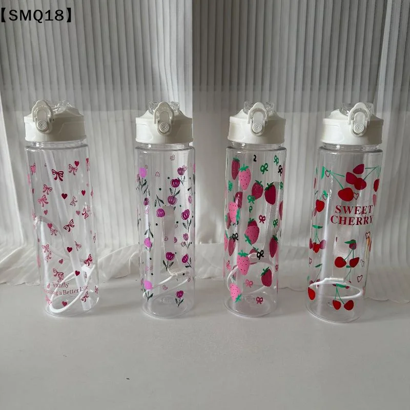 750ML White Water Bottle Full Printed Cartoon Strawberry Bow Flower Fade Resistant Leakproof Reusable Stylish Cup Sports【SMQ】