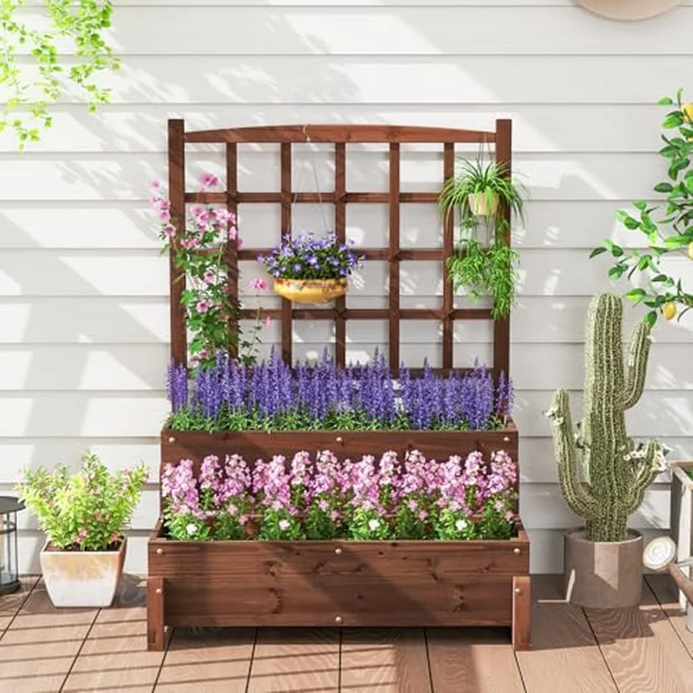 2 Pcs Raised Garden Bed with Legs and Trellis 2 Tier Standing Planter Box with Drain Holes Outdoor Elevated Garden
