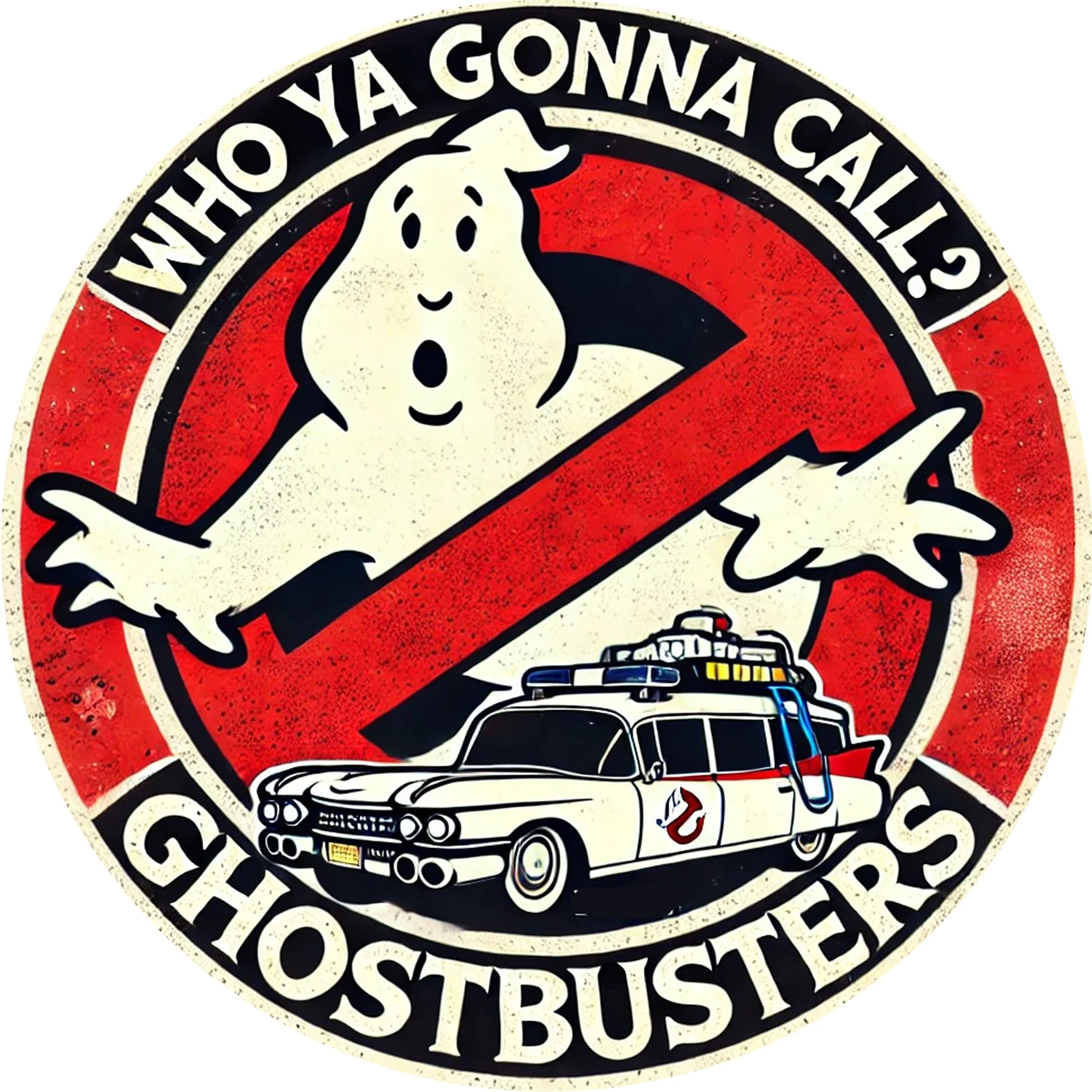Vintage Ghostbusters Logo HD Print Metal Tin Sign – Featuring Iconic “Who Ya Gonna Call?” Slogan with Classic No-Ghost Symbol, R