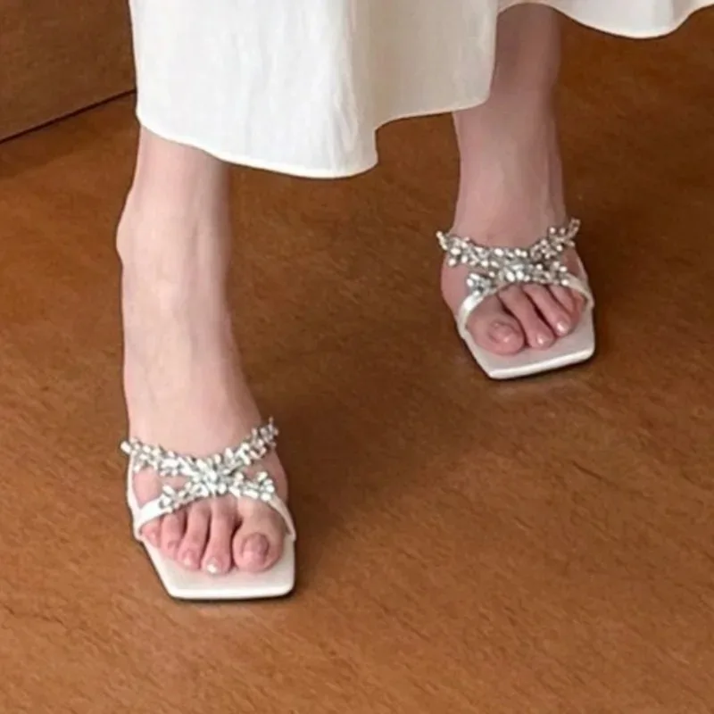 

Square Open Toe Women's Rhinestone Embellishment Hollow Out Breathable Slippers Women Fashionable Comfortable Sandals Summer New