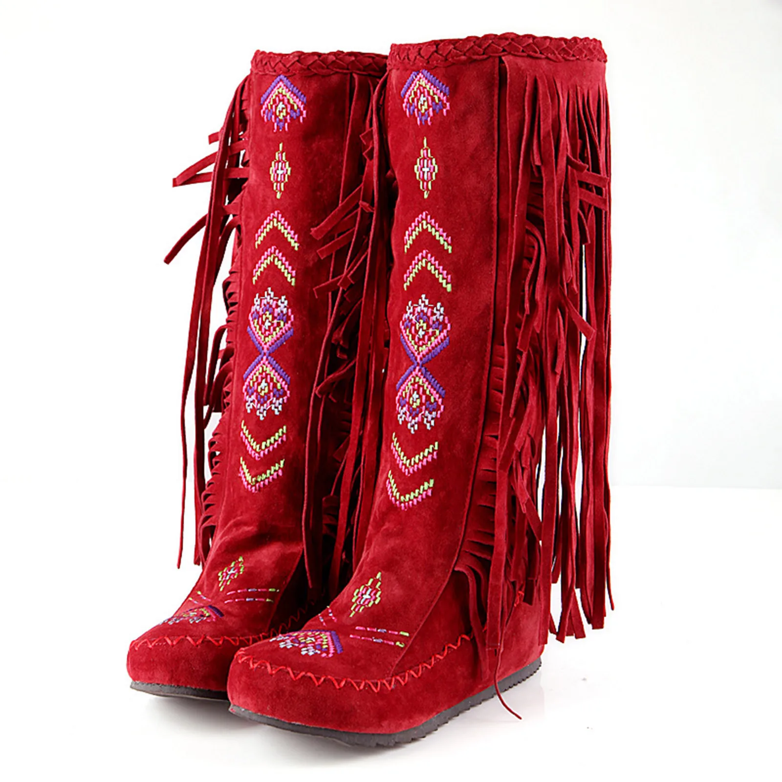 Ethnic Women Boots Fashion Fringe Flock Embroidery Round Toe Wedges Mid-calf Boots Solid Plus Size Comfort High Heels Booties