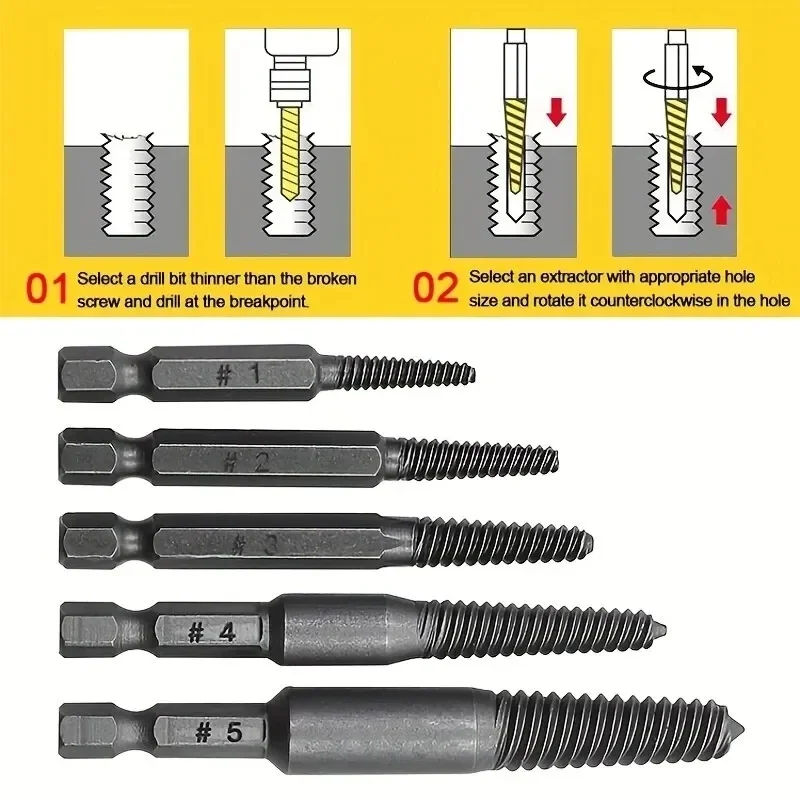 5pcs Screw Extractor Bolt Remover Set Center Drill Bits Guide Broken Damaged Screw Hex Shank Spanner For Repair Hand Tool