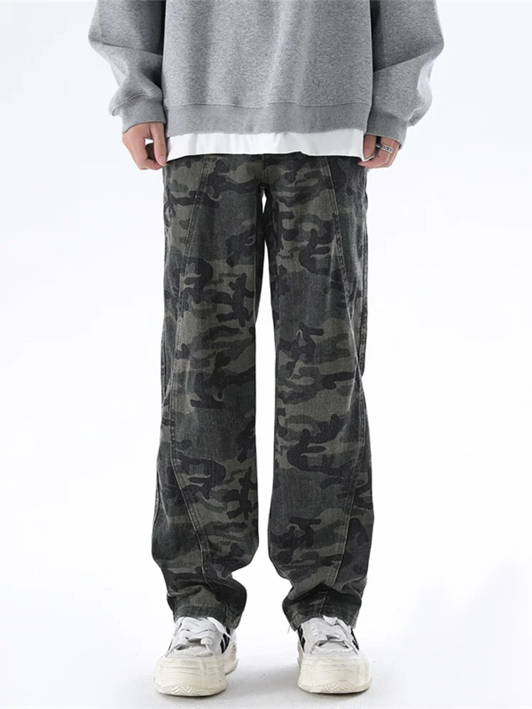 Trousers Men's Washed Cotton American Camouflage Non-Stretch Jeans Thickened Loose Straight Warm Casual Four Seasons Universal