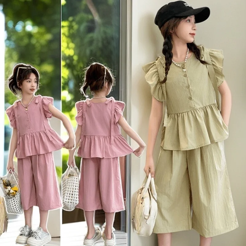 

New Girl Summer Sets Children Sleeveless Blouse+Wide Leg Pants 2Pcs Outfits Teenager Loose Solid Set New Kids Casual Clothing