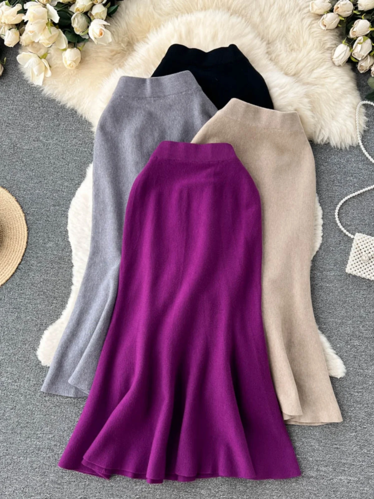 

Vintage Knitted Fishtail Skirt Women Autumn Winter French Retro High Waist Sexy Wrap Skirts