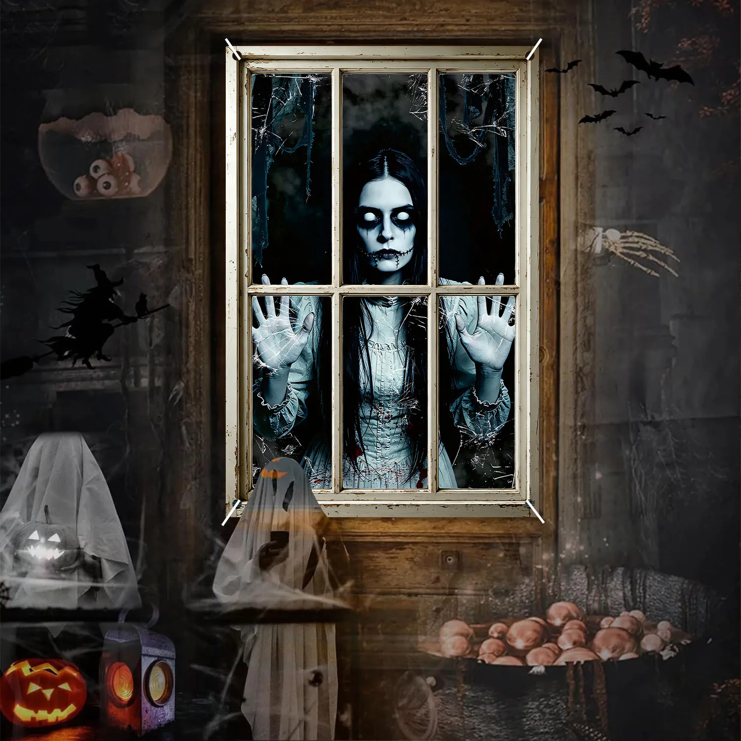 Vintage Halloween Horror Window Cover Silhouette Decoration Banners Blood Ghost Nun Devil Demon Scary Haunted House Window Poste – Detail 6