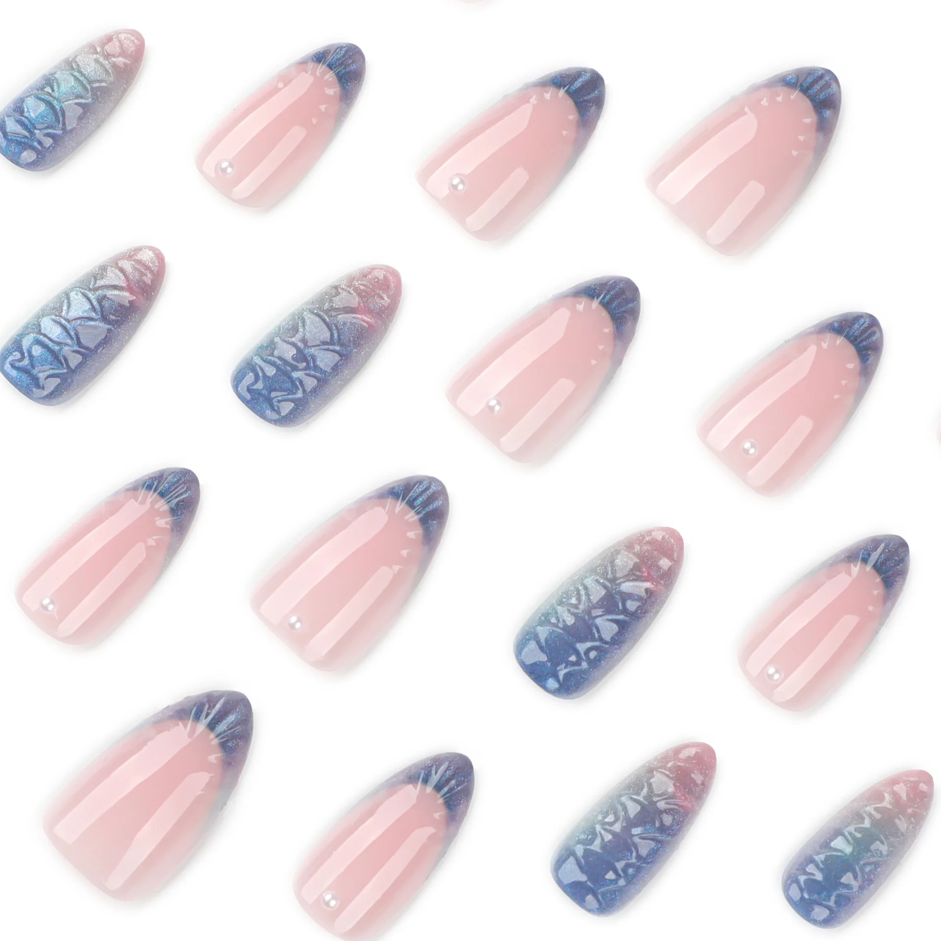 24PCS Short Almond Press on Nails Glitter Purple Gradient French False Nails 3D Patterns Fake Nail Tips Art Wearable Full Cover